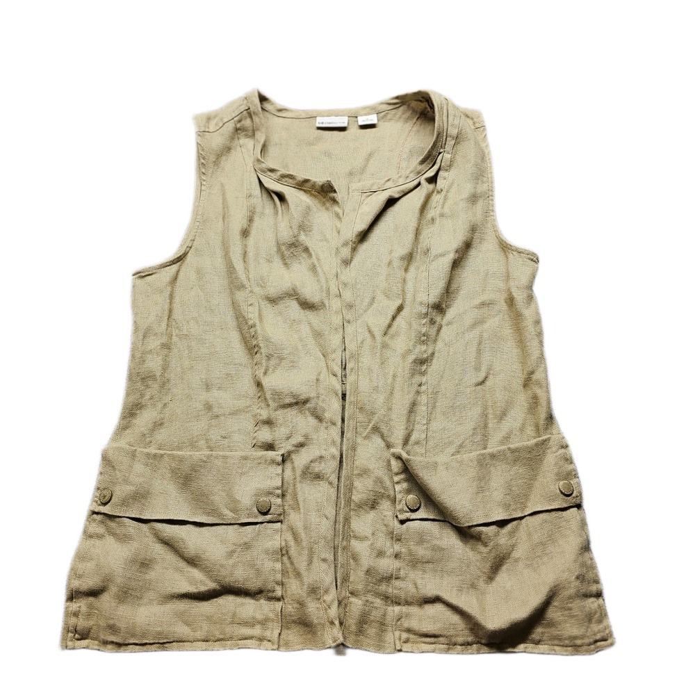 Liz Claiborne Lightweight Vest Womens Medium Tan Linen‎ Flap Pockets Open-Front